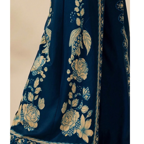 Boho Blue Floral Print Stretchy Waist Wide leg Pants - Picture 4 of 6